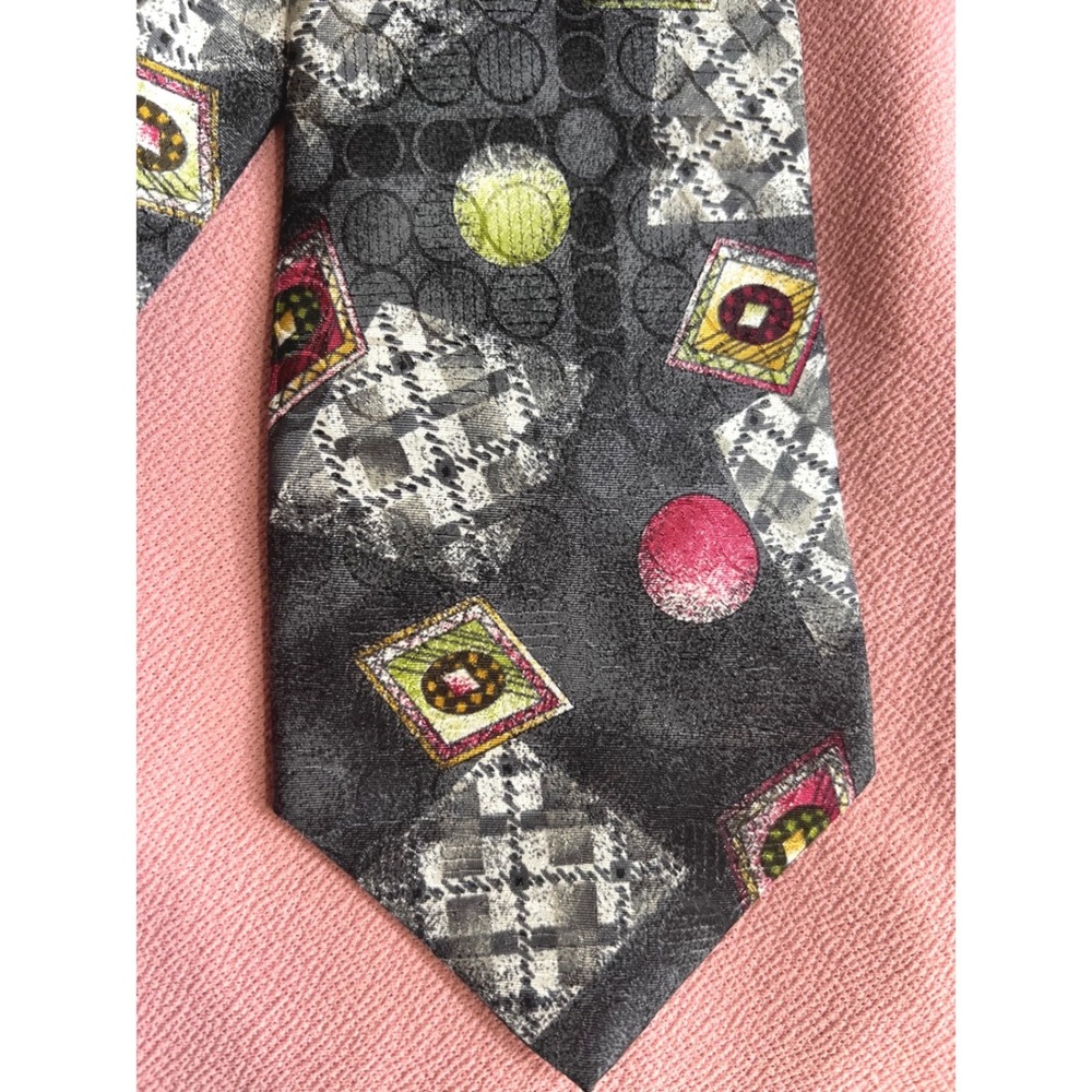 Biella Mens Silk Necktie Gray Abstract Geometric Circles Squares Made in USA
